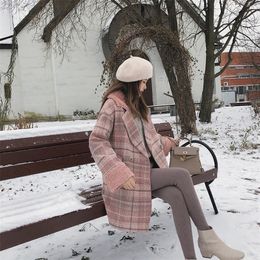MISHOW autunno inverno cappotto di lana scozzese nuova moda causale donna colletto turndown lungo cappotto rosa MX18D9678 201216