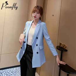 PEONFLY New 2020 Spring Casual Double Breasted Women Jackets Notched Collar Blazer Female Outerwear Elegant Ladies Coat Blue LJ201021
