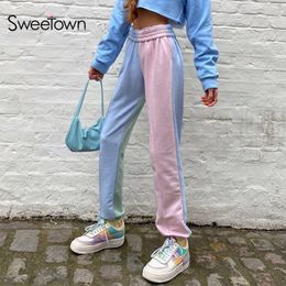 Sweetown Contrast Colour Baggy Women Jogger Sweatpants Casual Pink Blue Patchwork High Waist Trousers Female Hip Hop Streetwear T200617