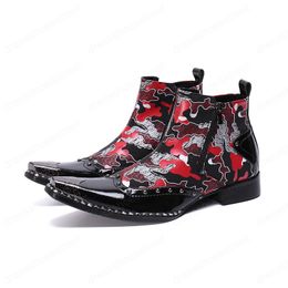 Metal Pointed Toe British Style Men Boots Printing Pattern Male Large Size Handmade Short Boots New Fashion Boots