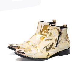 Luxury Handmade Men Boots Pointed Iron Toe Men's Leather Ankle Boots Gold Rock Party and Wedding Footwear botas hombre