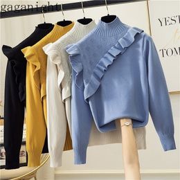 Gaganight Solid Korean Elegant Women Sweater Long Sleeve Half Turtleneck Knitted Pullover Female Chic Jumper Office Lady Ruffles 201119