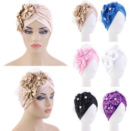 Muslim Fashion Women Pearls Big Flower Turban Bonnet Ruffle Ladies Headwear Beanie Hat Islamic Hijab Head Wrap India Chemo Cap