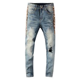 Sokotoo Men's leopard print patchwork holes ripped jeans Streetwear slim skinny stretch denim pants C1123