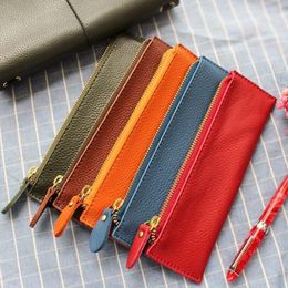 Pencil Bags 100% Genuine Leather Zipper Pen Case Bag Litchi Embossed Creative School Stationary Large Capacity Accessories1