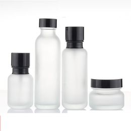 50g cream jar 50ml 150ml Frosted Glass Lotion Cream Essence Latex Container Bottle with black Lids For Cosmetic Packaging