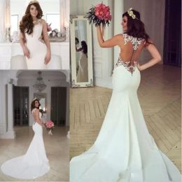2022 Mermaid Wedding Dresses Lace Applique Beach Boho Bridal Gown Beaded Illusion Chiffon Sleeveless Sweep Train Covered Buttons Back Vestido 403 403