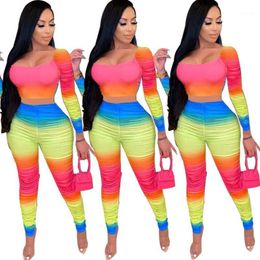 High Street Striped Stacked Women's Suit Crop Tops Pencil Ruched Pants Two Piece Set Matching Set Fitness Outfit RH6511