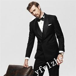 Popular Double-Breasted Groomsmen Shawl Lapel Groom Tuxedos Men Suits Wedding/Prom Best Man Blazer ( Jacket+Pantst+Tie) Y200