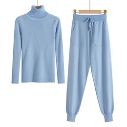 GIGOGOU Women Knitted Tracksuit Turtleneck Sweater Casual Suit Autumn Winter 2 Piece Set Knit Pants Sporting Suit Femme Clothing LJ200814
