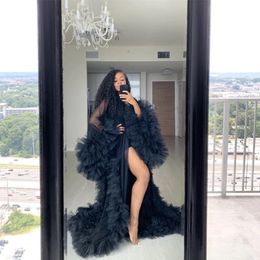 Chic See Thru Tulle Ruffles Photo Bathrobe Black Long Kimono Tiered Ruched A-line Prom Gowns Puffy Sleeves Bridesmaid Shawl Cape Cloak