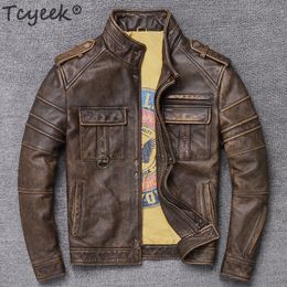 Tcyeek 100% vera pelle giacca da uomo autunno inverno vestiti streetwear Moto Fit vera pelle di mucca cappotto giacca di pelle da uomo LJ201030