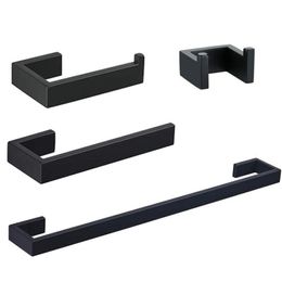 Matte Black 4-Piece Set Bathroom Accessories Stainless Steel Wall Mount Toilet Paper Holder Towel Bar Ring Robe Hook Towel Rack LJ201209