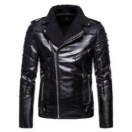 New Men's Autumn Motorcycle Leather Jacket Slim Fit Oblique Zipper Fleece Leather Jacket Men Casual Punk Coat High Quality