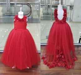 2021 Lovely Red Handmade Flowers Flower Girls Dresses Jewel Neck A line Ruched Open Back Cheap Kid Pageant Prom Formal First Communion Dress