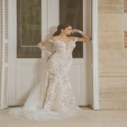 Sexy Illusion Mermaid Wedding Dresses Appliqued Lace Long Sleeves Bridal Gowns Tulle Appliqued Custom Made Sweep Train Vestidos De Novia