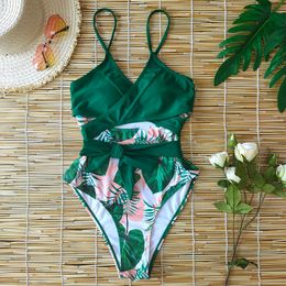 One Piece Swimsuit 2020 Sexy Criss Cross Swimwear Women Swimsuit Back High Cut Bathing Suits Beach Wear Print Monokini T200708