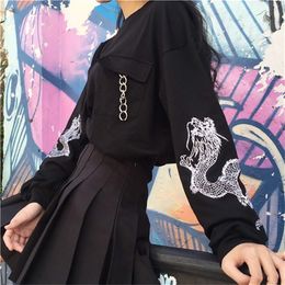 Black Embroidery Women's Sweatshirt Top Long Sleeve Chains Preppy O-neck Pullovers Tops Women Spring Fashion Woman Clothes 201109