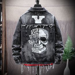 Spring Autumn new Ripped hole denim jacket male fashion personality brand printed outerwear men spring autumn Skull jacket 201114