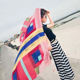 Summer Scarf Women Beach Sunscreen Shawl Plaid Dual-Use Korean-Style Ethnic Travel Scarf Long Scarves