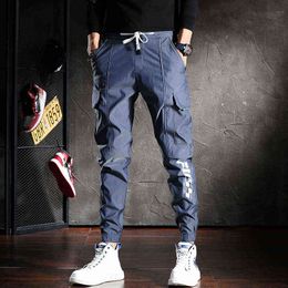 Blenden Farbe Reflektierende Cargo Hosen Männer Hübsche Jogger Casual Streetwear Kordelzug Hosen G220224