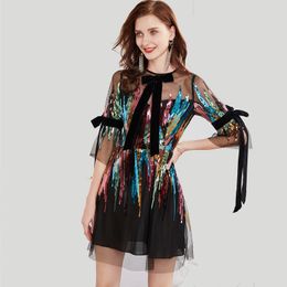 Women's Runway Dresses O Neck 3/4 Sleeves Bow Detailing Sequined Sexy Tulle Laid Over Fashion Short Party Casual Dresses