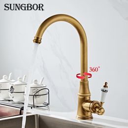 Kitchen Faucet Antique Brushed Porcelain Handle Faucet Hot Cold Mixer Basin Tap Luxury Faucet 360 Swivel CF-9098F T200710