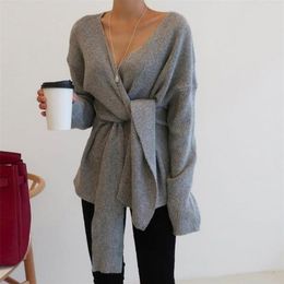 Fashion New Autumn Winter Sweaters Women Solid Long Sleeve V-Neck Criss Cross Sweater Sexy High Waist Pullover Ladies 201030