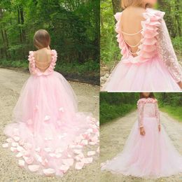 Sweet Pink Backless Flower Girls Dresses For Wedding Party Junior Girls Pageant Gowns Lace Long Sleeves Tulle Princess Prom Dress