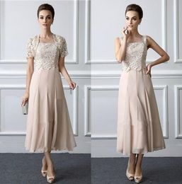 2019 Summer Chiffon Mother Of The Bride Dresses Tea Length Lace Formal Gowns With Jacket Two Pieces Wedding Mothers Groom Dress