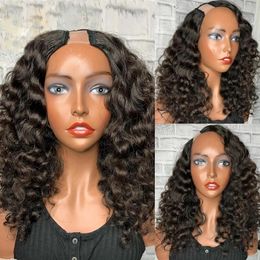 Brazilian Remy Deep Wave U Part Wigs 100% 4c Human Hair Glueless Natural Black Color Wavy Middle Open Full Head Half Wig