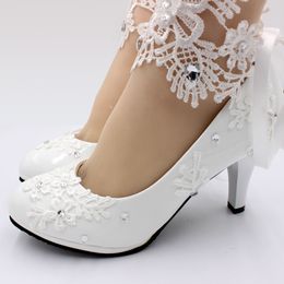 2021 Bridal Wedding Shoes Platforms Kitten Heel High Heel Lace PU Lady Shoes for Prom Evening Party Bridesmaid Brides Size 34-42 4-10.5