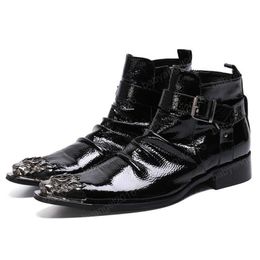 Plus Size Black Pointed Toe Pleated Man Handmade Motorcycle Shoes Patent Leather Men's Cowboy Ankle Boots