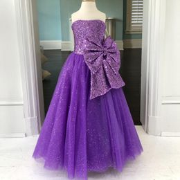 Sequins Big Bow Pageant Dress for Teens Juniors 2021 Ballgown Strapless Long Pageant Gown for Little Girl Zipper Formal Party Birthday SH