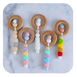 10 Colors New DIY Cartoon Wood Circle Hand Stick Toy Teether Baby Silicone Bead Teething Stick M3085