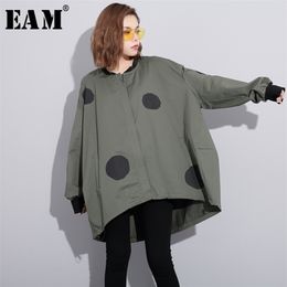 [EAM] New Spring Stand Collar Long Sleeve Dot Printed Irregular Solid Colour Large Size Jacket Women Coat Fashion Tide JC952 201112