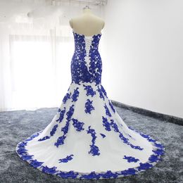 Royal Blue Applique Lace Mermaid Wedding Dresses Strapless Beaded Sequins Plus Size Bridal Dress For Womens Party Bridal Custom Fo291U