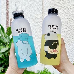 1000ml Cute Bear Plastic Water Bottle Leak-proof Large Capacity Bottle for Water Transparent Frosted Juice Cup Water Cup 201221