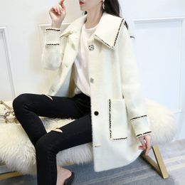 New design women's retro cute turn down collar loose single breasted mohair wool knitted sweater coat medium long casacos