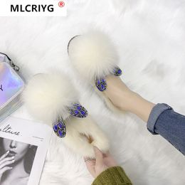 Slippers woman autumn 2020 wear fashionable Shoes Fox fur diamond flat-bottomed cotton slippers fur slides Y1202