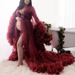 Burgundy Lush Tulle Robe Maternity Dress Long Puffy Sleeves Ruffled See Through Bridal Dresses Po Shoot or Baby Shower299t