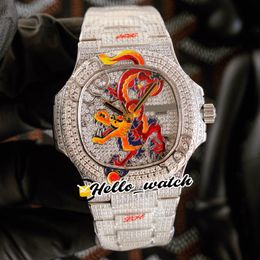 JHF Limited New Iced Out Full Diamonds 5720 1 Enamel Dragon Design Dial Cal 324 S C Automatic Mens Watch 5720 Diamonds Bracelet He242K
