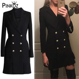 Pinkoz Runway Designer Autumn New Fashion Temperament Suit Double Breasted Buttons Pleated Dress Coat Slim Blazers Chic Vntage LJ201021