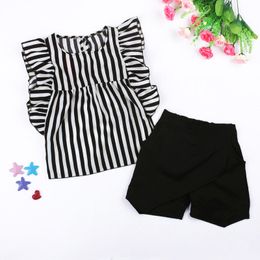 2021 Children's suit striped top shorts two-piece children's clothing Summer outfit for girls: flounces sleeveless T-shirt