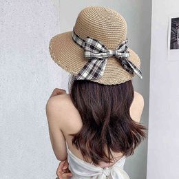 Summer Straw Hat Sun Protection Cap For Women's Fashion Hats Plaid Bow Bucket Hats Ladies Casual Hat Sun Visor Girls Beach Cap G220301