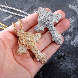 Hip Hop Jewellery Rose Cross CZ Pendant Necklace High Quality Iced Out Bling Bling Cross Pendant Rappers Jewellery For Gift Party