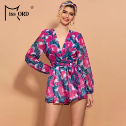 Missord Spring Summer Sexy Deep V Neck Women Jumpsuit Long Sleeve Chiffon Playsuit with Belt Headband Boho Jumpsuit MM1834-2 T200704