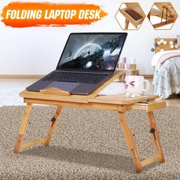 Bamboo Folding Laptop Desk Notebook Table Adjustable Breakfast Serving Tray Bed Table with Drawer Working in Bed Sofa 201029