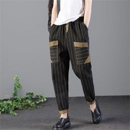 Spring Autumn Arts Style Vertical Stripe Women Vintage Jeans Elastic Waist Cotton Denim Harem Pants Big Pocket Loose Jeans D462 201223