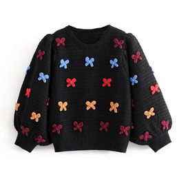 Stylish Bow Embroidery Sweaters Women Fashion O Neck Pullovers Elegant Ladies Three Quarter Puff Sleeve Knitwear LJ201114